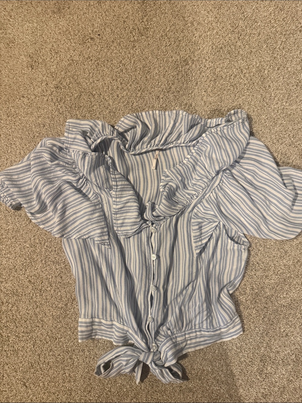 Free People Light Blue and White Striped Tie-Hem Ruffle Blouse